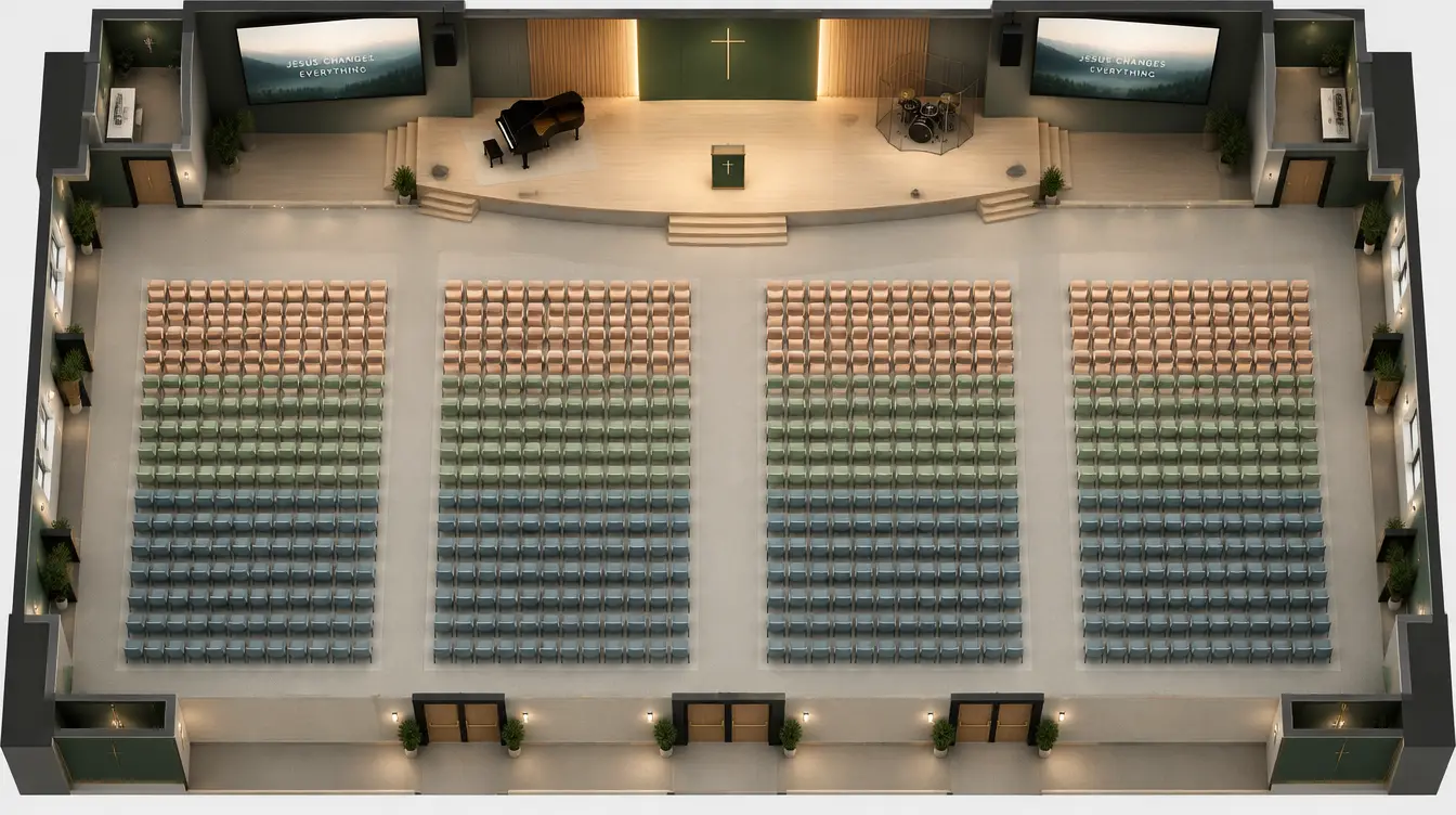 A church hall set up for a Sunday service